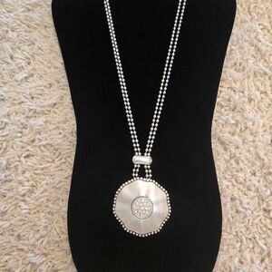NEW Brushed Silver  Medallion Necklace Rhinestone Accent Double Chain